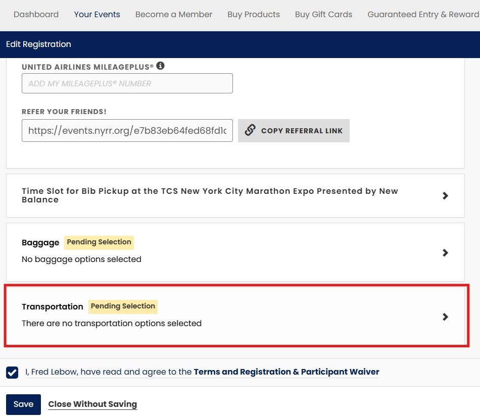 2025 TCSNYC Marathon bib pickup selection screenshot