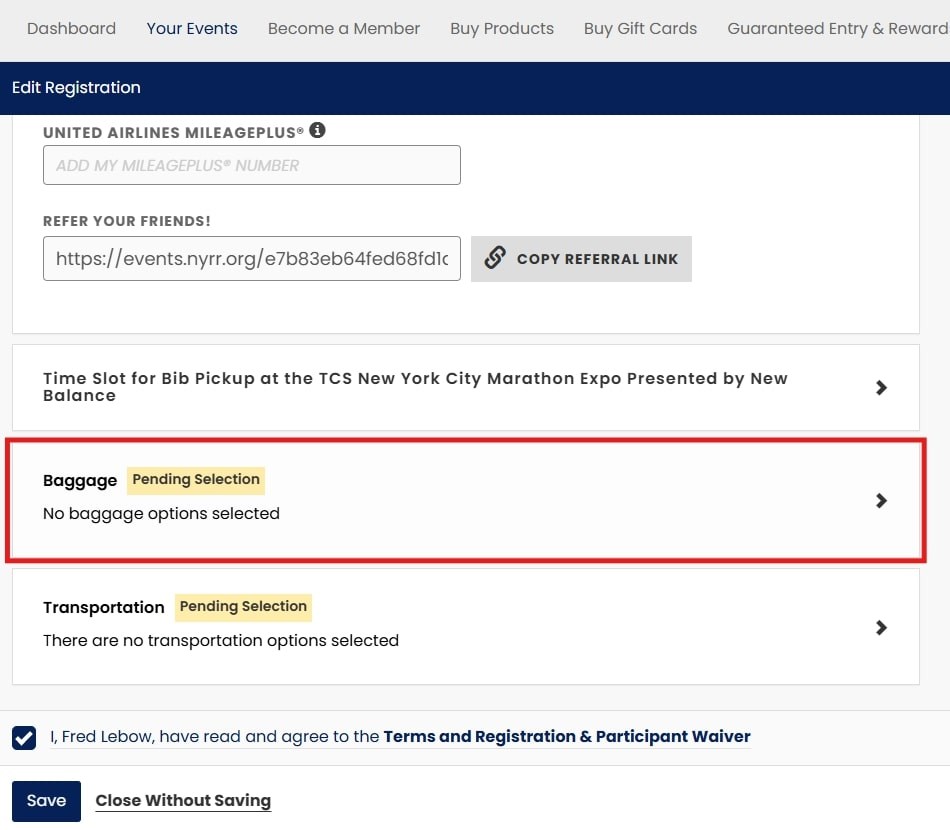 2025 TCSNYC Marathon bib pickup selection screenshot