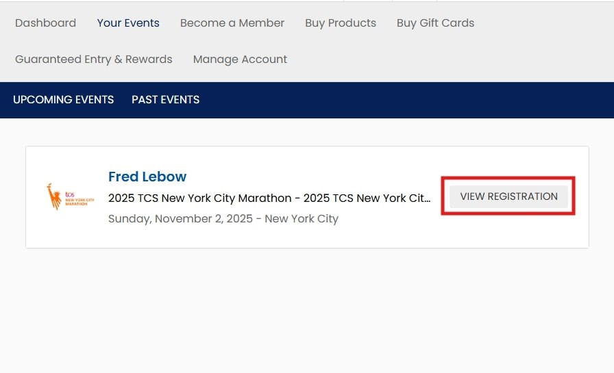 2025 TCSNYC Marathon bib pickup selection screenshot