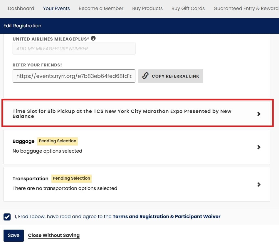 2025 TCSNYC Marathon bib pickup selection screenshot