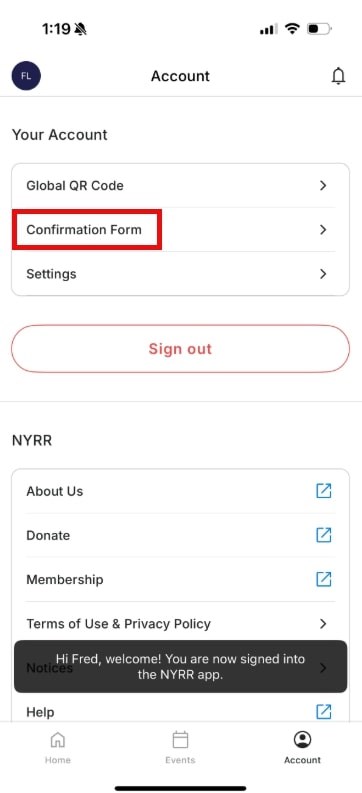 NYRR Mobile App screenshot for confirmation forms