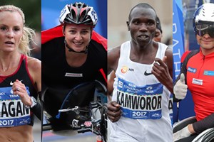 2017 TCS New York City Marathon Defending Champions Shalane Flanagan, Manuela Schär, Geoffrey Kamworor, and Marcel Hug