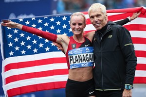 Shalane Flanagan and Peter Ciaccia at the 2017 TCS New York City Marathon finish line