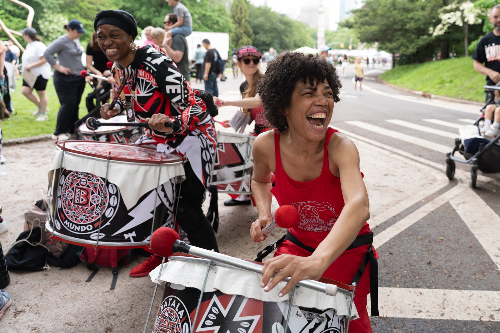 A group of drummers perform on the sidelines of the RBC Brooklyn Half