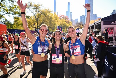 J Solle, Jacob Caswell, and Daniel Mata at the TCS New York City Marathon finish area