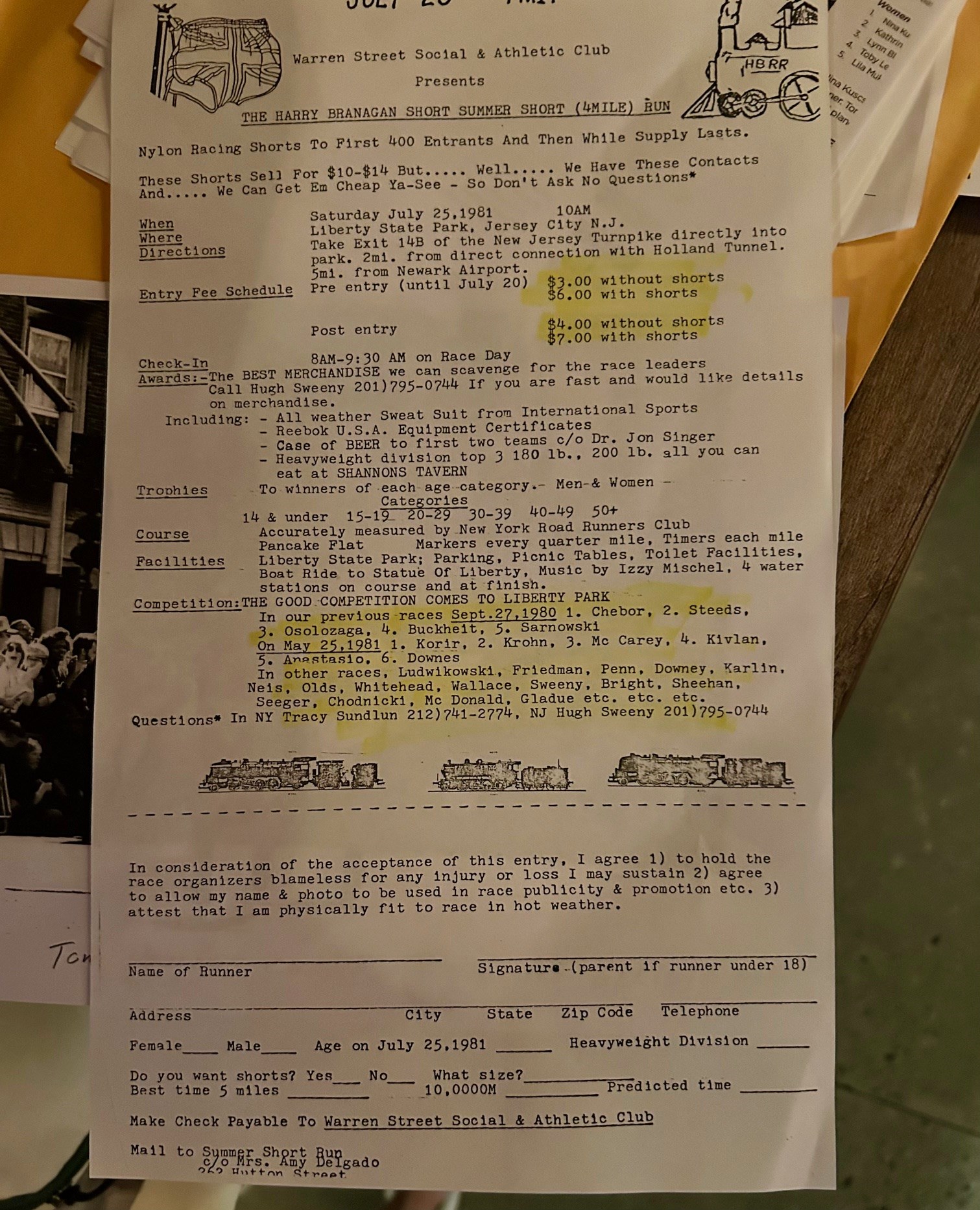 A printed race entry blank from the 1980s.