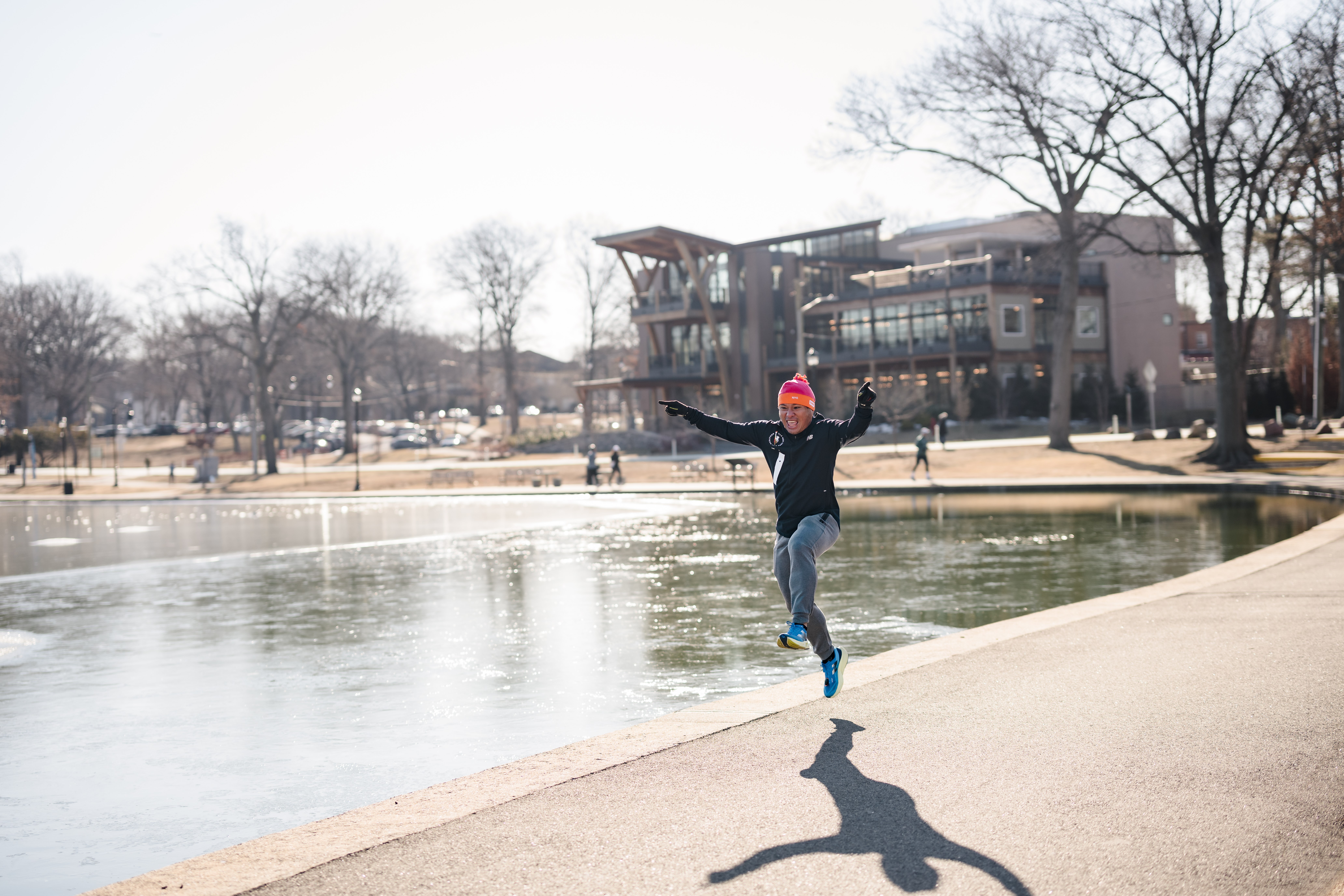 Happy runner in landscape at Lincoln Park NYRR Open Run early spring 2025