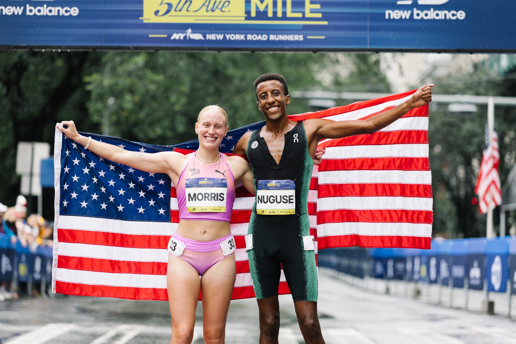 Winners of the New Balance 5th Avenue Mile, Gracie Morris and Yared Nuguse. 