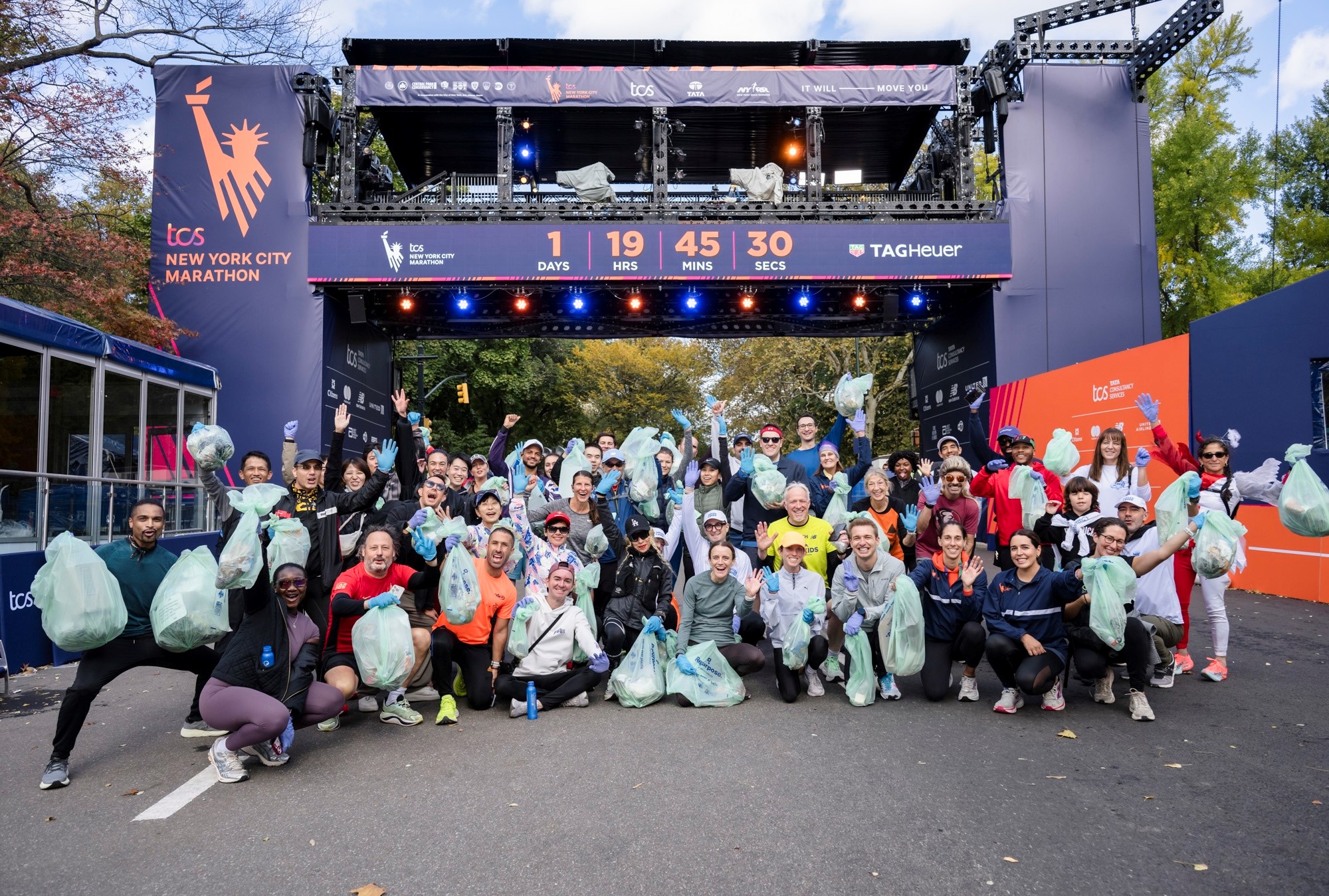 Plogging event at the finish line of the TCS New York City Marathon 