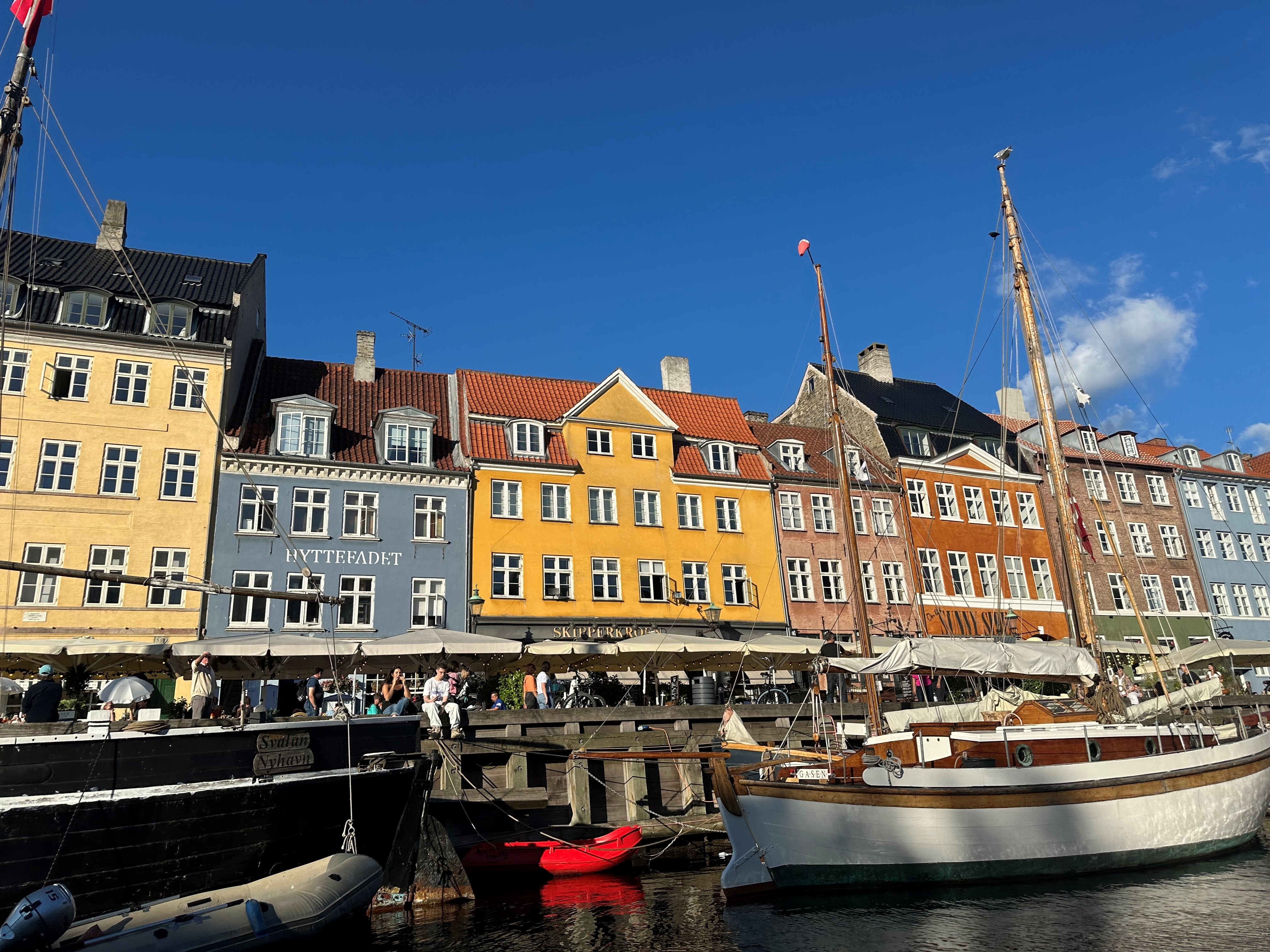 Copenhagen harbor buildings and boats.