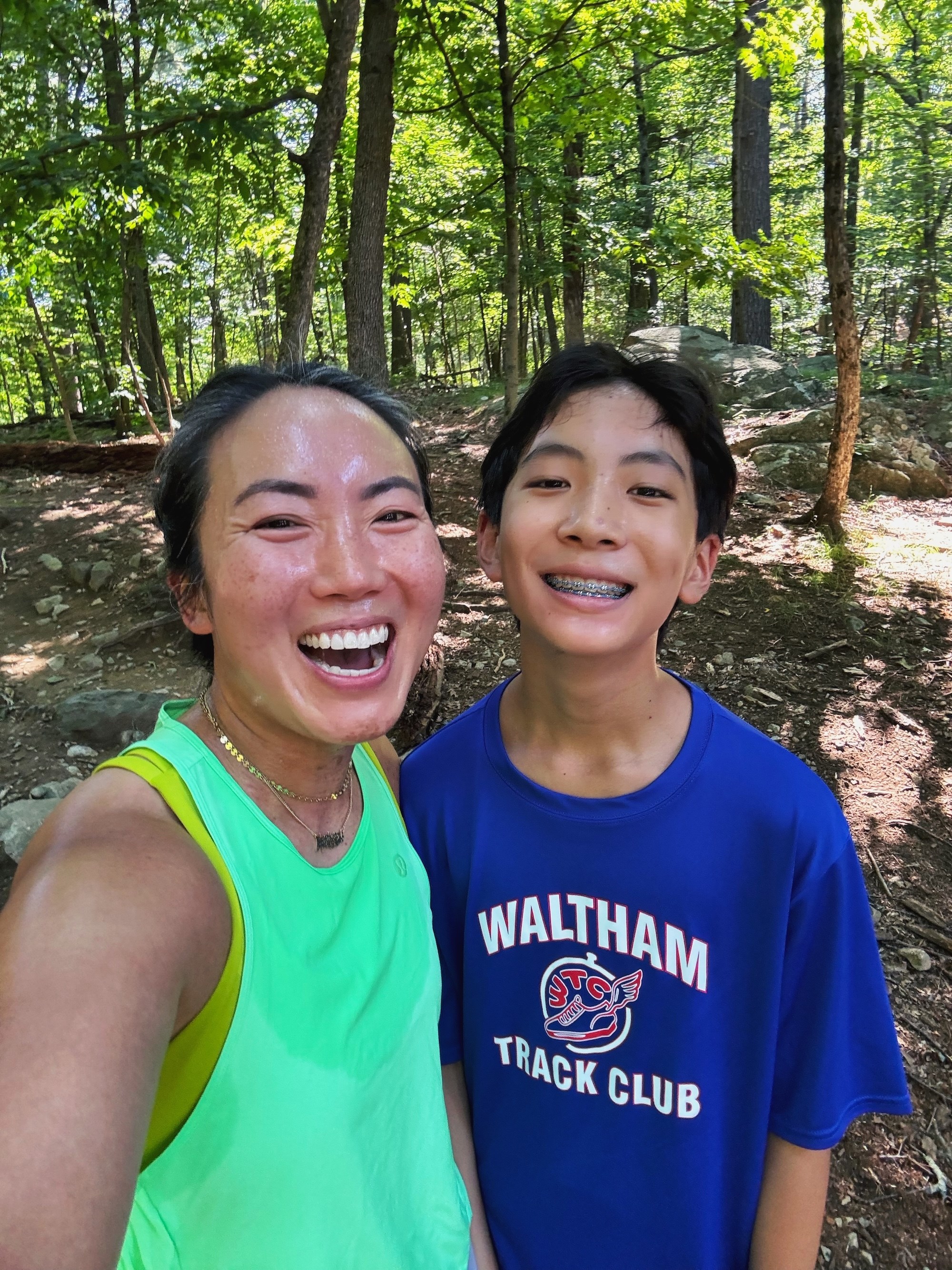 Carolyn Su and her son on his first trail run