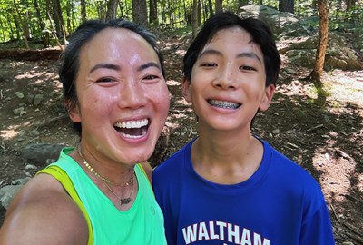 Carolyn Su and her son on his first trail run