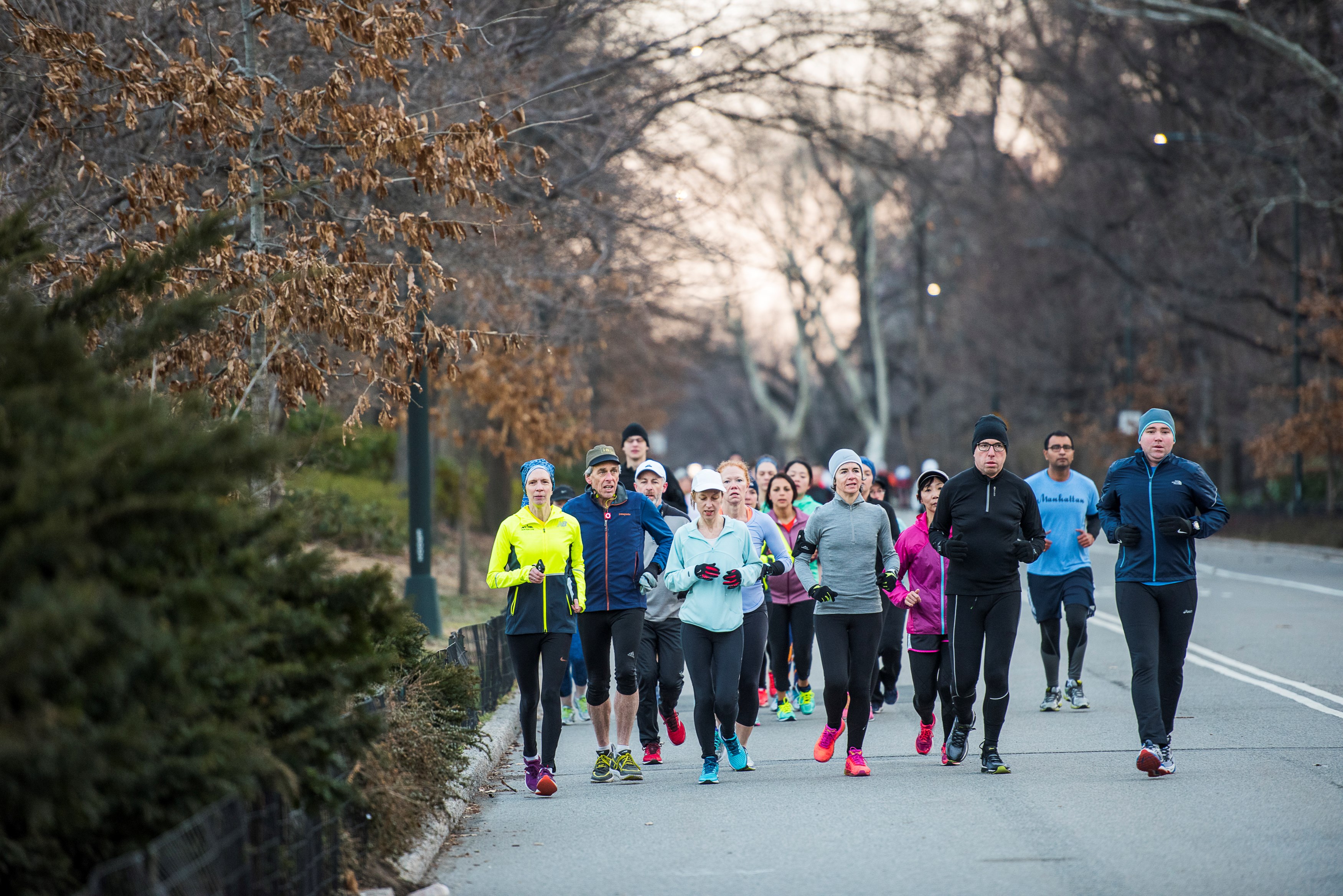 Group Training runners and coaches on East Drive in Central Park near Engineers Gate in 2016