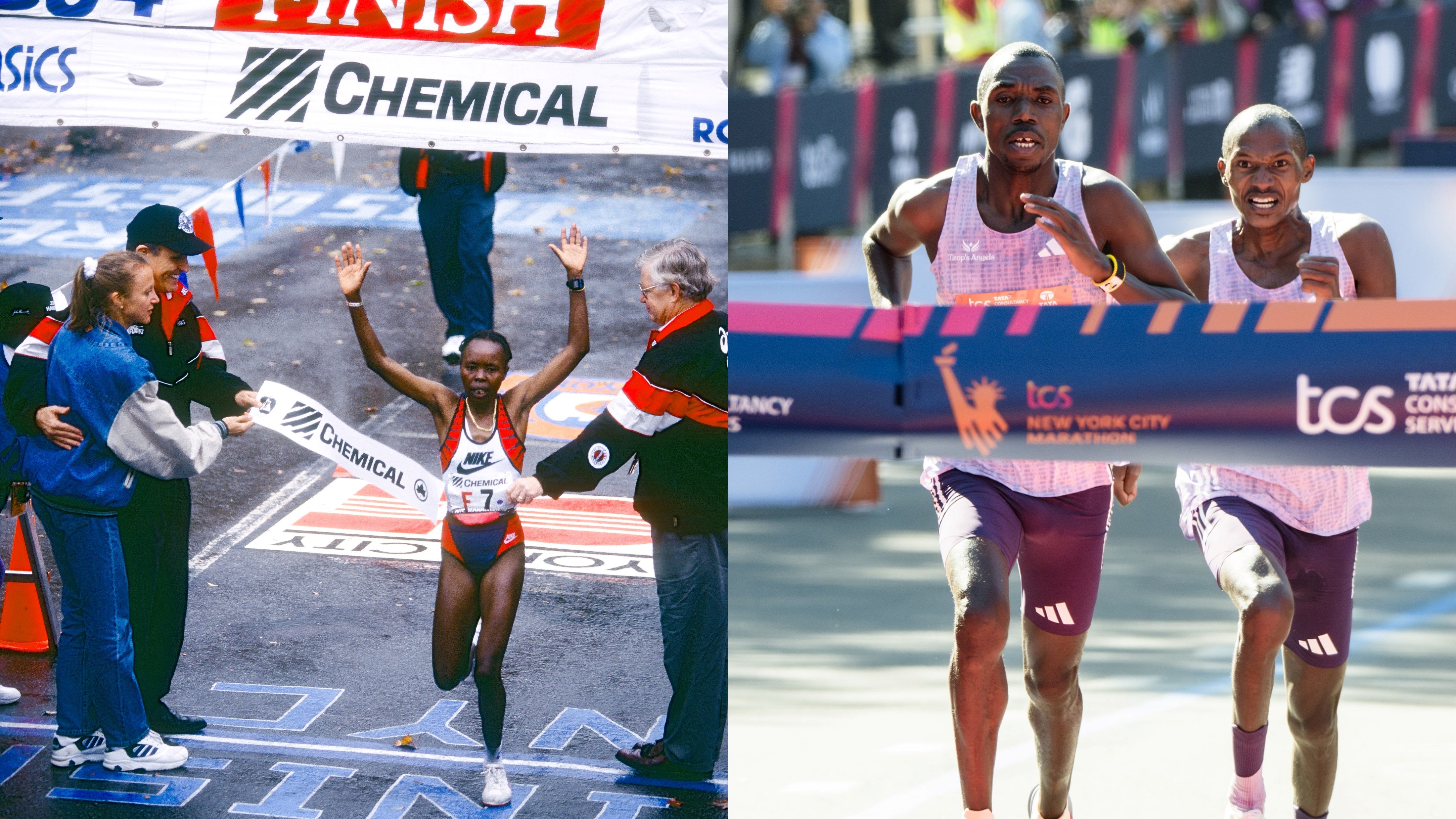 Tegla Loroupe and Benson Kipruto crossing the finish line to become New York City Marathon champions in 1994 and 2025, respectively. 