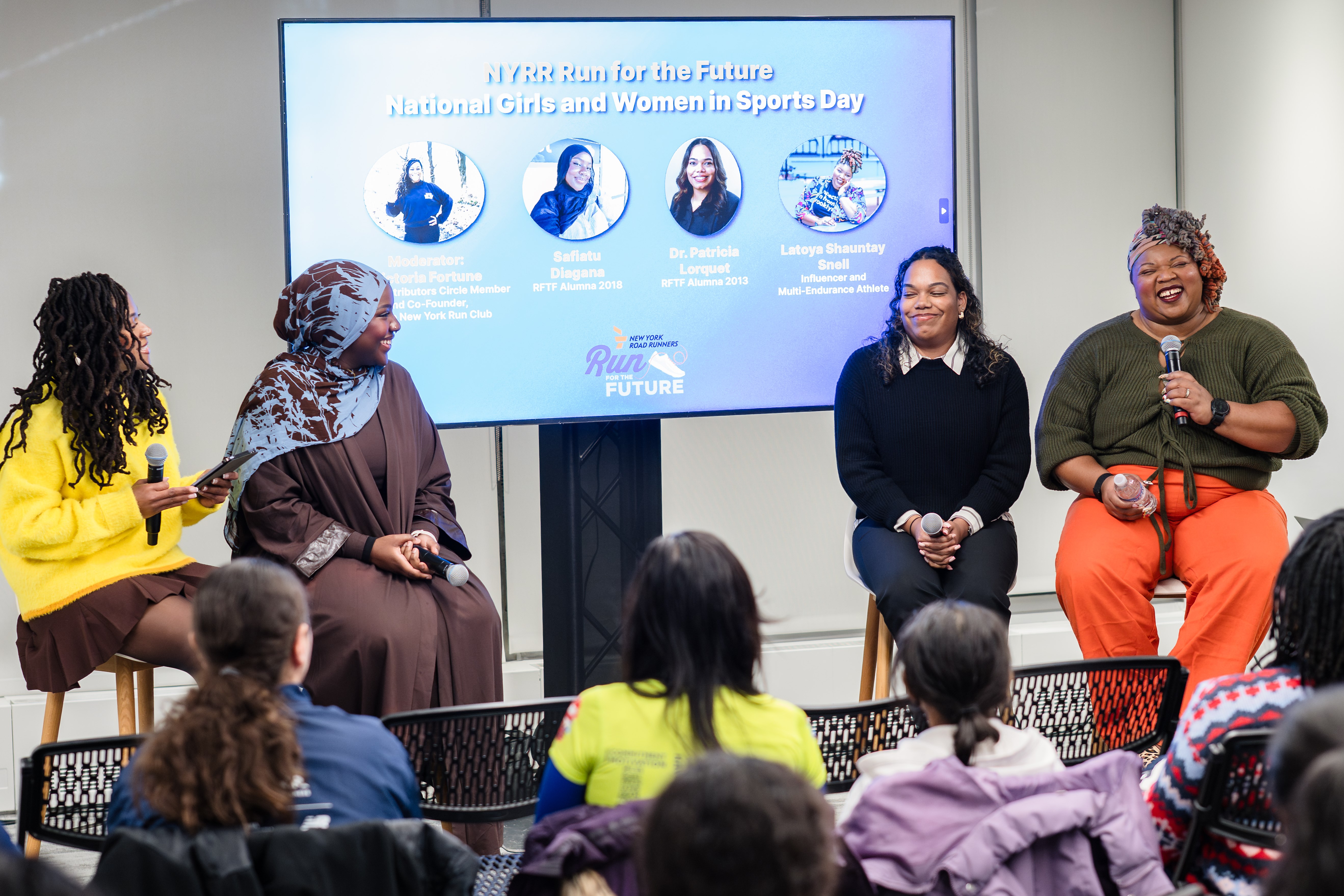 Victoria Fortune and panelists at National Girls and Women in Sports Day panel for Run for the Future at NYRR offices February 4, 2026