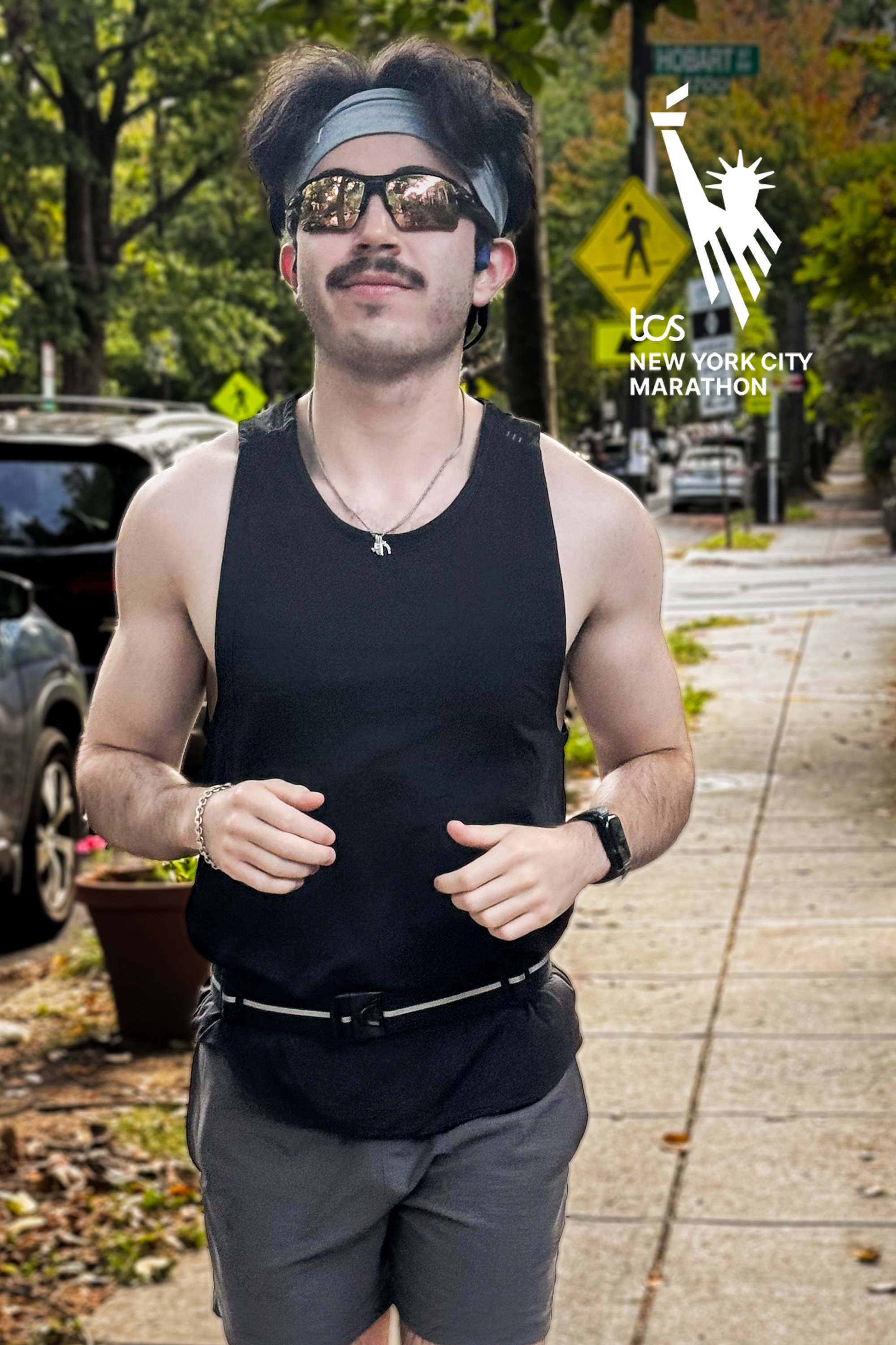 Tristan Espinoza wearing sunglasses training for the 2025 TCS NYC Marathon with logo overlay